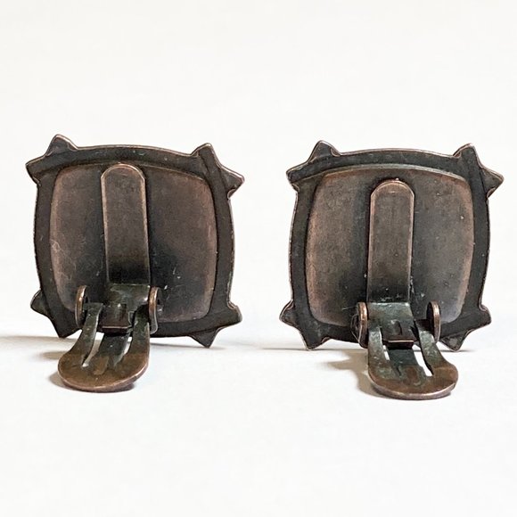 Vintage Copper Enamel Clip On Earrings Orange Red Swirl Artisan Unsigned - Picture 4 of 10